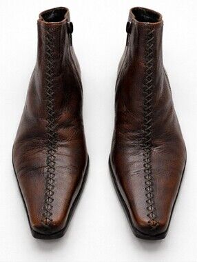 VTG MIMO Italy Brown Leather Ankle Boots Whipstitch Square Toe Heels Size 37.5